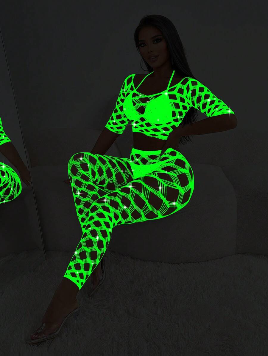 2pcs Women's Solid Color Short Sleeve Sheer See-Through Sexy Mesh Top Set - fluorescent green - View 1