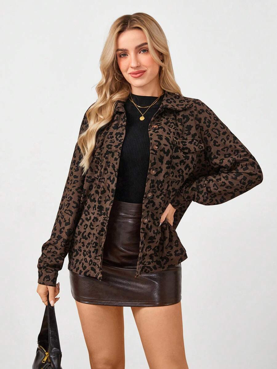 SHEIN LUNE Khaki Corduroy Leopard Print Casual Women's Coat - Khaki - View 1