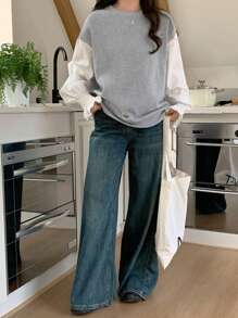 DAZY 女式圆领拼接休闲长袖运动衫，秋季女装