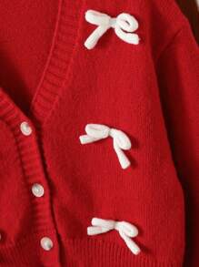 SHEIN Elladie kids Tween Girls 时尚休闲可爱柔软简约优雅 3D 蝴蝶结长袖短款红色开衫，适合居家、日常穿着、学校、户外、派对、秋冬季 - 紅色 - 查看 5