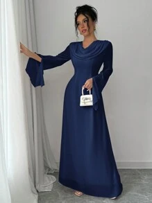 Elenzga Elegant Romantic Flounce Neck Flare Sleeve Women's Dress Fall Cloth For Women - Navy Blue - View 5