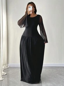 SHEIN Unity Plus Size Women Crew Neck Long Sleeve Black Ruffle Hem Elegant Party Dress Maxi Women Outfit Fall Cloth For Women - Black - View 3