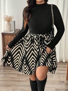 SHEIN Frenchy 大码纯色撞色立领长袖短款休闲连衣裙