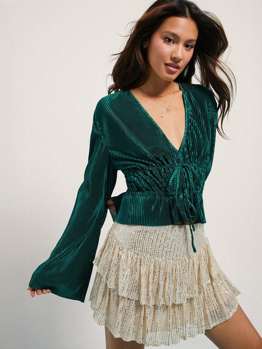 WESTFADE Summer Pleated Satin V Neck Bow Tie Front Long Sleeve Peplum Top Spring Break Vacation Music Festival