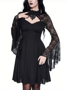 ROMWE Gothic Romantic Lace Flare Sleeve Mini Dress, For New Year - Black - View 2
