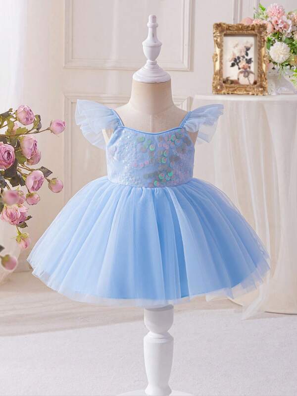 Glamorique Kids Rochie cu bretele din tul cu paiete sirenă albastră pentru fetițe, rochie de prințesă pentru petrecere pentru copii mici, rochie de domnișoară de onoare cu flori de nuntă