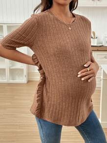 SHEIN Maternity Simple Casual Frill Crew Neck Pullover T-Shirt - Brown - View 3