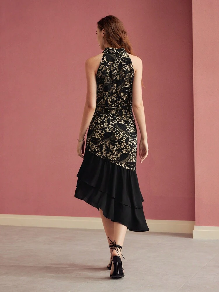 CONTRAST GUIPURE LACE RUFFLE HEM DRESS,VALENTINE'S DAY OUTFIT,SPRING/SUMMER