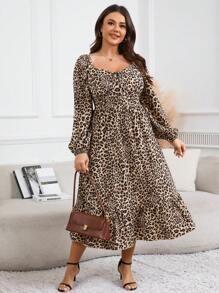 SHEIN VCAY 大码女式豹纹甜心领口灯笼袖前系带时尚连衣裙 - 彩色 - 查看 1