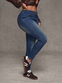 SHEIN BAE Jeans ajustados casuales y versátiles de mujer con diseño de hebilla a la cintura y efecto desgastado - Azul - Ver 4