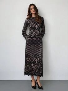 Firerie 女士优雅蕾丝拼布连衣裙，秋冬 - 彩色 - 查看 2