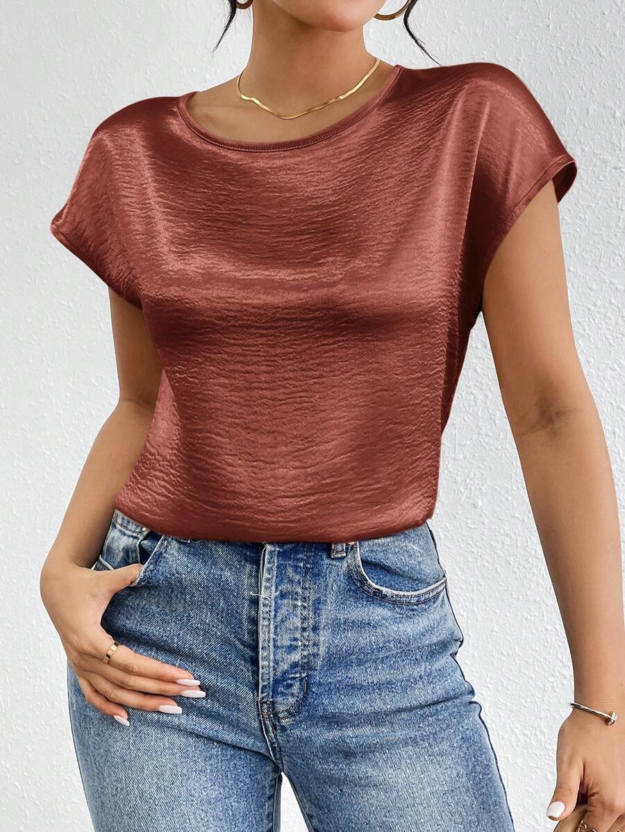 SHEIN Privé 女士纯色缎面蝙蝠袖衬衫 - 棕色 - 查看 1