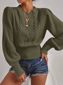 SHEIN Cottnline Solid Color Lantern Sleeve Sweater - Dark Green - View 3