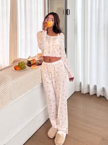 SHEIN Leap Crew 2pcs/Set Teen Girls Flower & Lace Decorated Crew Neck Long Sleeve Top And Pants Soft Comfortable Pajama Set - White - View 3