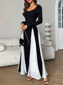 SHEIN Clasi 女士优雅派对节日方领长袖网眼撞色 A 字连衣裙，秋冬 - 黑色 - 查看 5