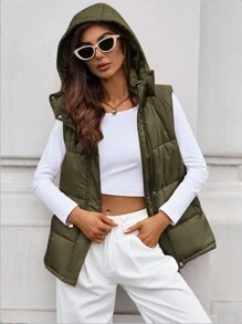 Chiquease Jaqueta Acolchoada de Inverno com Capuz Simples, Zíper Frontal, Sem Mangas e de Cor Sólida para Mulheres - Verde Militar - Visão 1