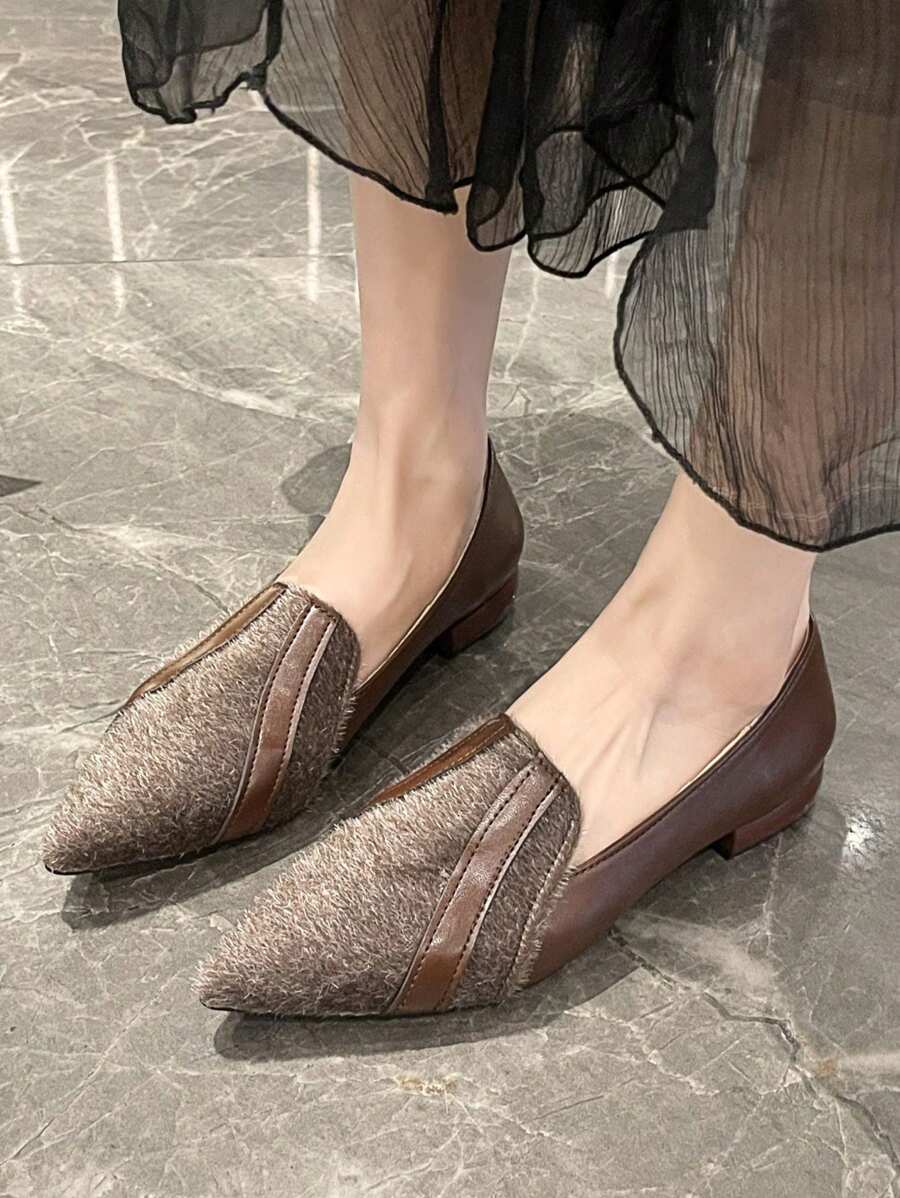 Giày cao gót mũi nhọn đế dày màu nâu tương phản thoải mái thời trang đa năng cho bé gái và thanh thiếu niên - màu nâu - Xem 1