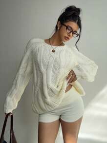 Aloruh 女士休闲日常套头衫圆领纯色宽松 3D 纹理长袖毛衣，秋冬 - 黃色 - 查看 1