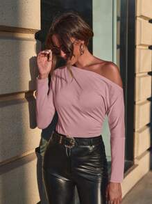 SHEIN Clasi Women's Asymmetric Ruffle Collar Long Sleeve Solid Color T-Shirt, Autumn - Dusty Pink - View 6