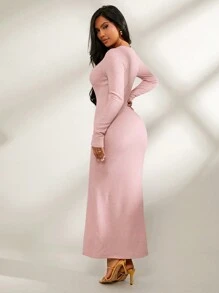 SHEIN SXY Robe élégante à manches évasées col V profond, confortable et décontractée, rose, automne/hiver - Rose bonbon - Voir 2