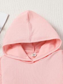 2pcs/Set Girls Casual Textured Pink Hooded Pullover & Mid-Thigh Shorts Pajamas Set, Comfortable Home Outfit - Pink - View 7