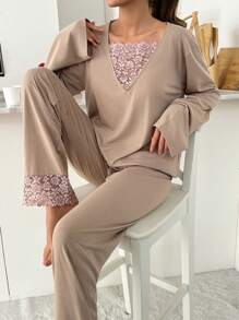 RueChic 2pcs Cotton Contrast Colour Lace Detail Homewear PJ Set - Brown - View 6
