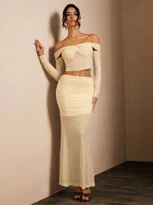 Glamine 女士露肩长袖短款上衣和长裙优雅两件套，两件套，露肩上衣 - 彩色 - 查看 3