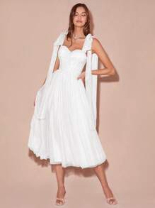 Enchnt Spring/Summer Romantic Women's White Pleated Bowknot Shoulder Shinny Mesh Princess Maxi Dress,Sweet&Elegant For Valentine's Day&Birthday&Holiday Party&Sweet Date Night&Prom& Wedding Dress&Graduation Season&Vacation