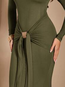 SHEIN BAE Coffee Brown Turtleneck Long Sleeve Bodycon Ruched Midi Dress For Women, Suitable For Cocktail Party, Date, Casual Layering, Party, Wedding, Halloween, Christmas
