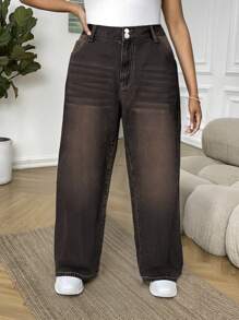 SHEIN SXY 大码休闲洗水做旧宽松牛仔裤 - 深色水洗藍 - 查看 1