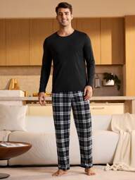 Pantaloni de pijama casual în carouri pentru bărbați, cu talie elastică și buzunar, haine de toamnă