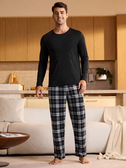 Pánské pyžamové kalhoty s elastickým pasem a kapsami, kostkované, ležérní, podzim/zima