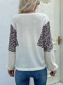 SHEIN LUNE Damen Rundhals Leoparden-Muster Patchwork Langarm Lässig Bluse, Herbst