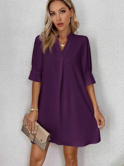 SHEIN Clasi 女士纯色短袖立领休闲短款迷你连衣裙