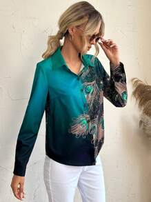 EMERY ROSE Feather Print Button Front Shirt Fall Cloth For Women