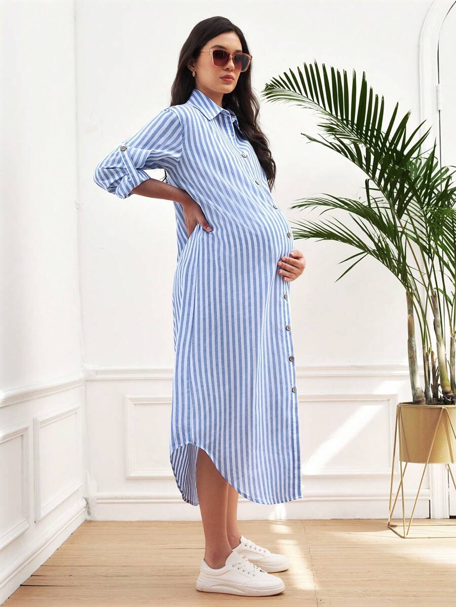 SHEIN Loose Fit Polo Collar Button Front Maternity Dress - Blue and White - View 1