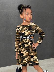 Girls Casual Versatile Sport Classic Camouflage Round Neck Long Sleeve Waist Cross Letter Ribbon Cropped Dress - Army Green - View 4