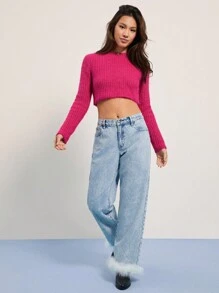 WESTFADE Winter Holiday Party Cute Crewneck Long Sleeve Cropped Sweater New Years Eve Going Out Top - Hot Pink - View 3