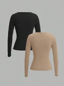 SHEIN EZwear Women Long Sleeve Fitted Front Button Basic Top, Casual Everyday Wear Spring