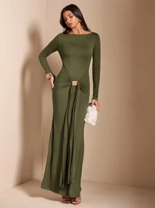 SHEIN BAE Coffee Brown Turtleneck Long Sleeve Bodycon Ruched Midi Dress For Women, Suitable For Cocktail Party, Date, Casual Layering, Party, Wedding, Halloween, Christmas