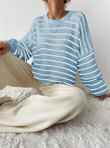 RueChic 女士圆领长袖条纹简约毛衣，休闲日常穿着 - 淺藍色 - 查看 4