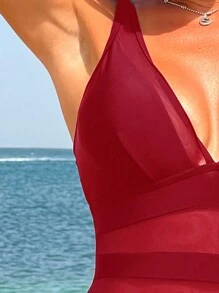 Swim Vcay Đồ bơi một mảnh đơn giản không tay phối lưới tương phản dành cho nữ mùa hè - Đỏ - Xem 4