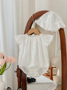 Newborn Baby Girl 2Pcs/Set Colorful Embroidery Cap Sleeve Romper & Hat Outfit, Summer