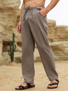 Genlund Pantalon droit en lin à poche de ceinture de couleur unie pour hommes - Gris foncé - Voir 4