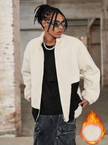 Manfinity Streetrush Chaqueta de manga larga con cremallera frontal, detalle gráfico con letras y empalme de color liso para hombres