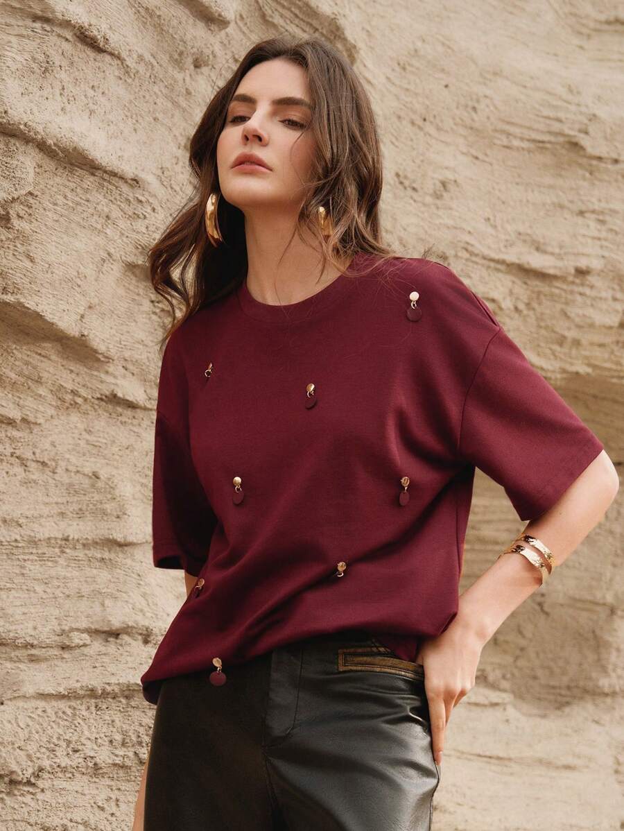 Anewsta Women's Solid Color Woven Long Sleeve Casual & Resort T-Shirt, Spring - Burgundy - View 1