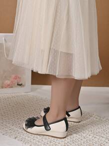 1 Pair Girls Lace Frilled Wedge High Heel Pumps, Suitable For Wedding And Everyday Wear - Beige - View 2