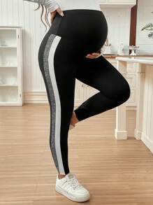 SHEIN Regulowane w pasie legginsy ciążowe, obcisłe spodnie w kontrastowym kolorze - Czarne - Zobacz 5