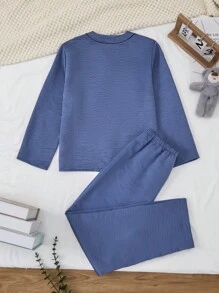 2 件套素描设计饰边装饰长袖上衣和裤子舒适休闲家居服套装，适合青少年男孩 - 藍色 - 查看 3