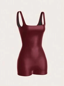 SHEIN EZwear Women's New Stretch Leather Jumpsuit - Burgundy - View 3